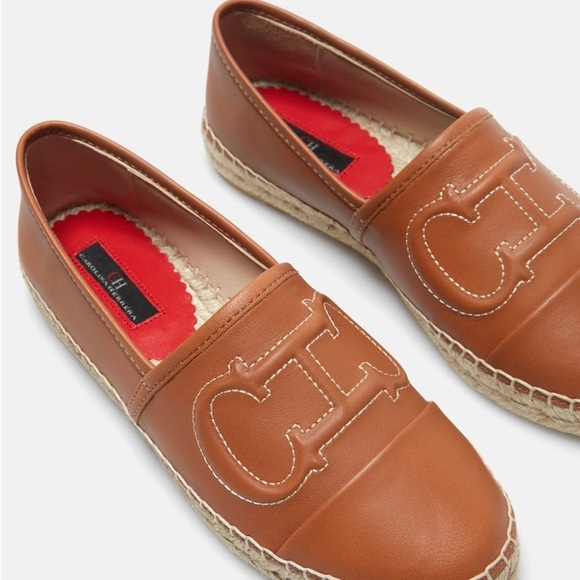 Carolina Herrera Shoes - Carolina Herrera Tan Leather CH Espadrille Flats with Red Lining